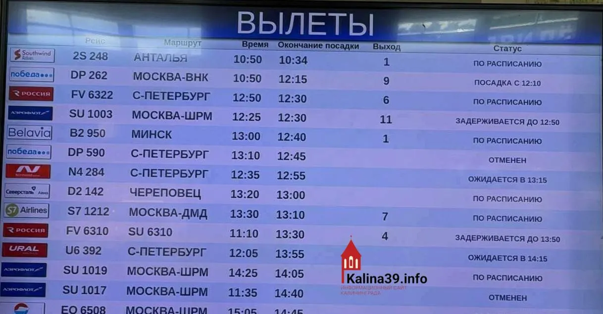 В Калининградском аэропорту Храброво задержаны не менее 11 рейсов из Москвы, Санкт‑Петербурга и Екатеринбурга — время ожидания составляет от 25 минут до четырех часов; официальных причин пока не называют.