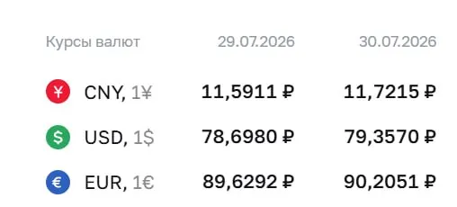 Официальный курс на 30 июля: доллар — ₽79,36; евро — ₽90,21; юань — ₽11,72. Курс Центробанка учитывается в расчётах по облигациям и фьючерсам.