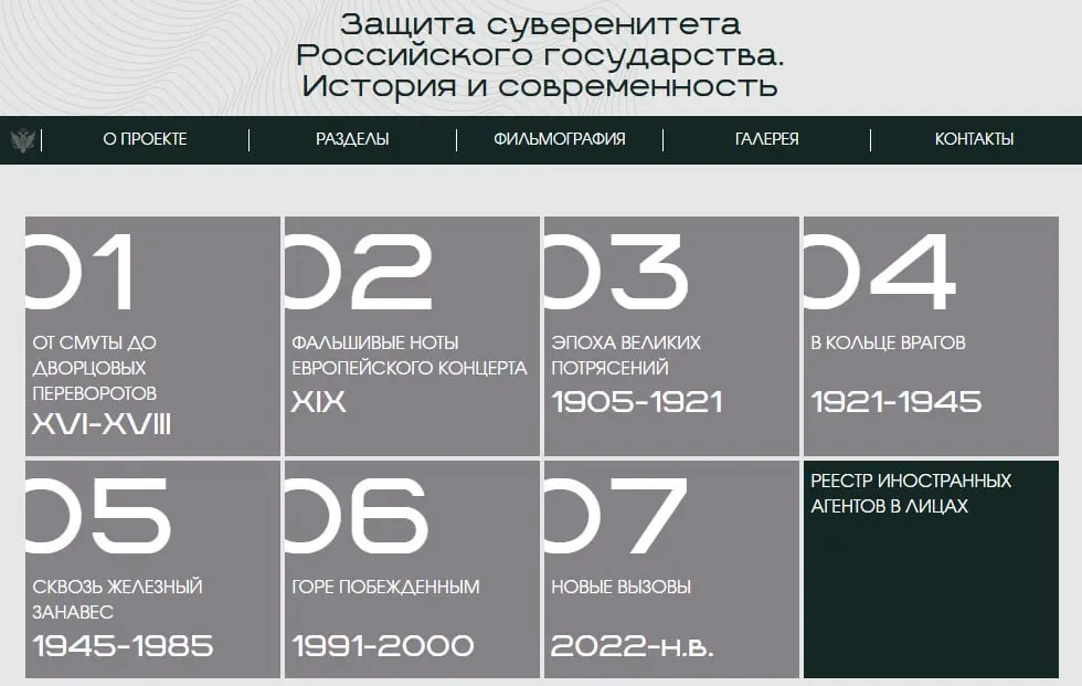 Министерство юстиции запустило сайт с онлайн‑версией выставки «Защита суверенитета Российского государства. История и современность». В финальном разделе публикуются карточки людей и организаций, которых министерство официально признаёт иностранными агентами.