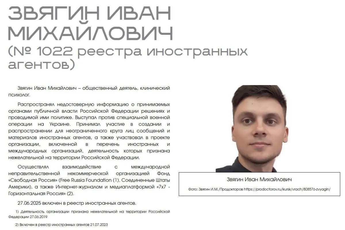 Иван Звягин оспаривает на сайте Минюста публичную «выставку» иностранных агентов, требуя компенсации и восстановления репутации — он жалуется на профессиональную дискриминацию, стигматизацию и нарушение презумпции невиновности.
