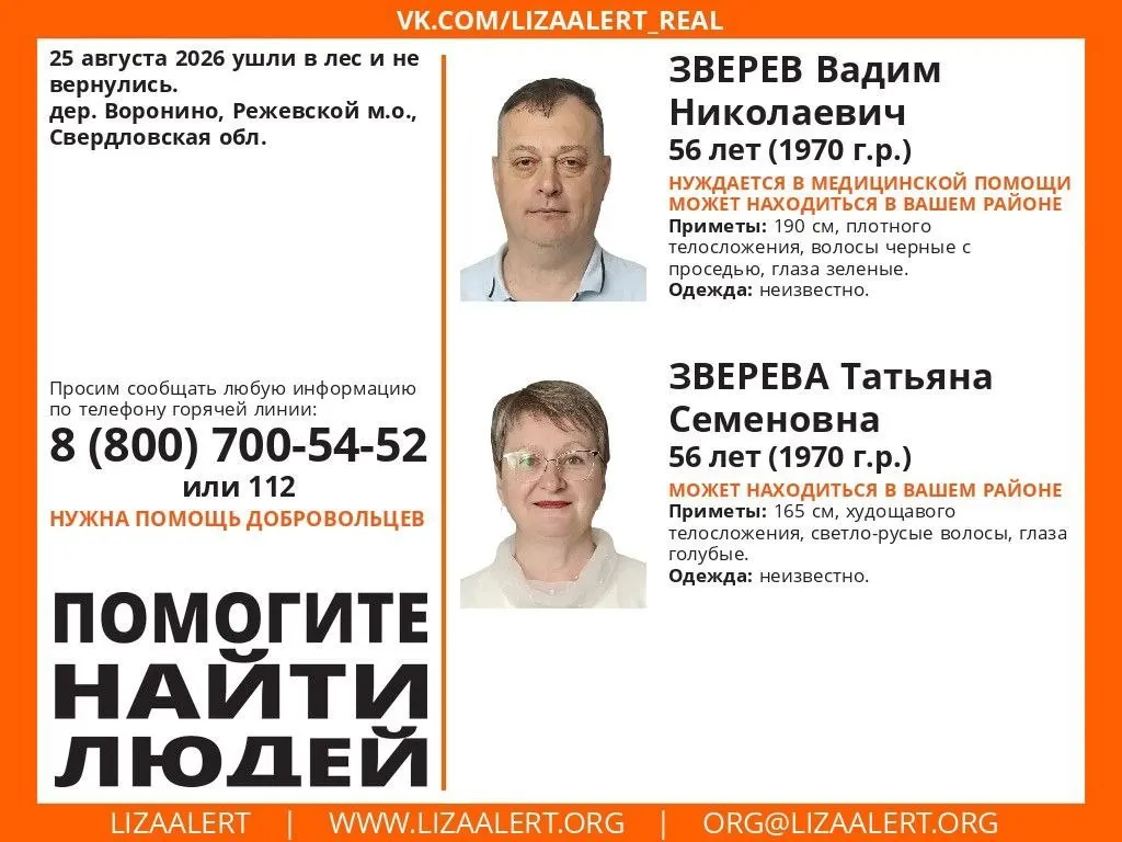 56-летние Вадим Николаевич и Татьяна Семеновна исчезли во время похода за грибами в деревню Воронино. Поисковики и волонтёры ищут их в лесу, усиливая поиск из-за надвигающихся холодов.