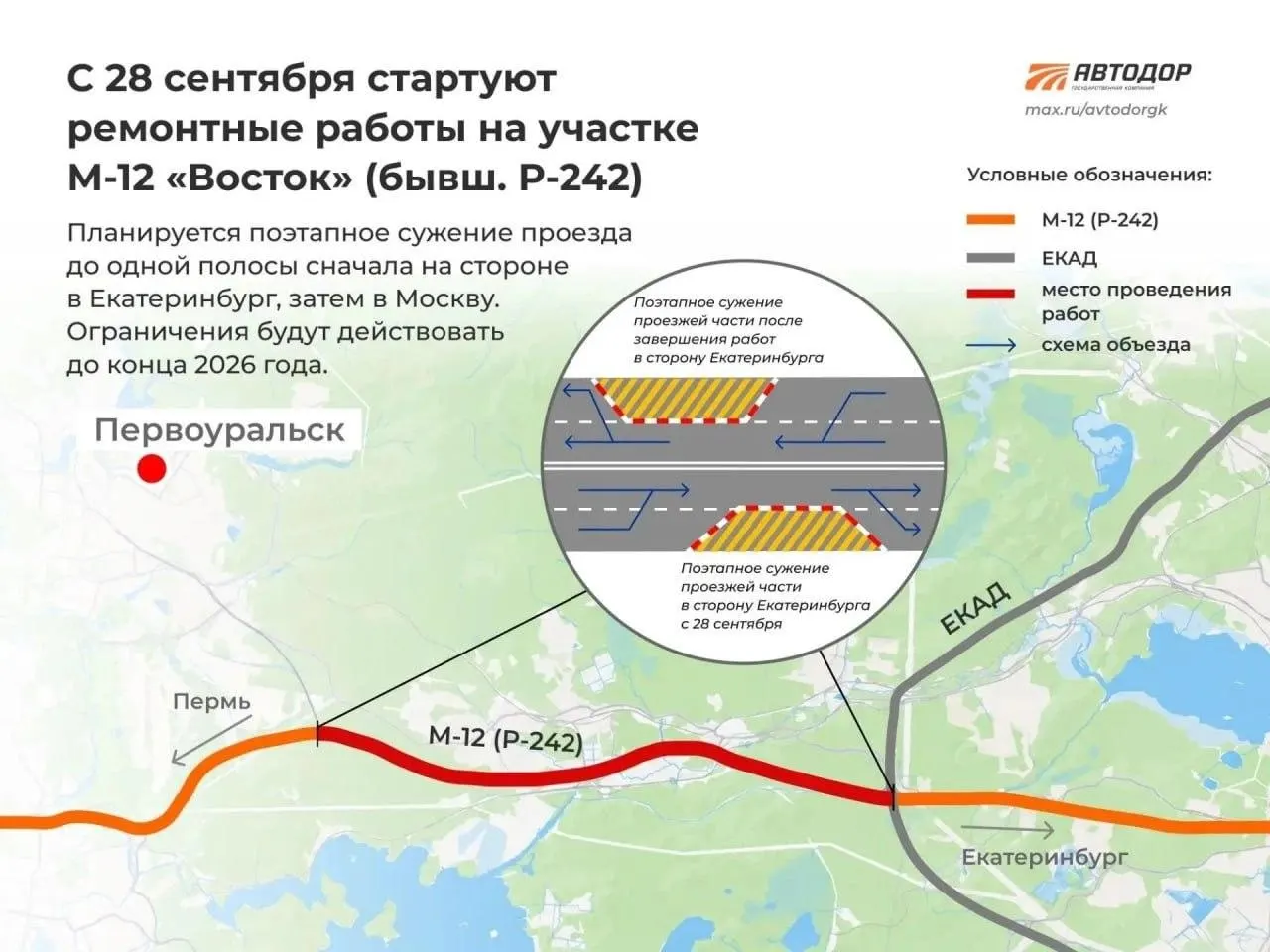 Ограничения коснутся участка Ачит — Екатеринбург; движение будет поэтапным и сужением до одной полосы до конца года.