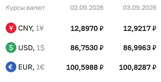 Доллар держится на отметке близко к 87 рублей; евро и юань показывают соответствующие значения на 3 сентября по данным ЦБ.