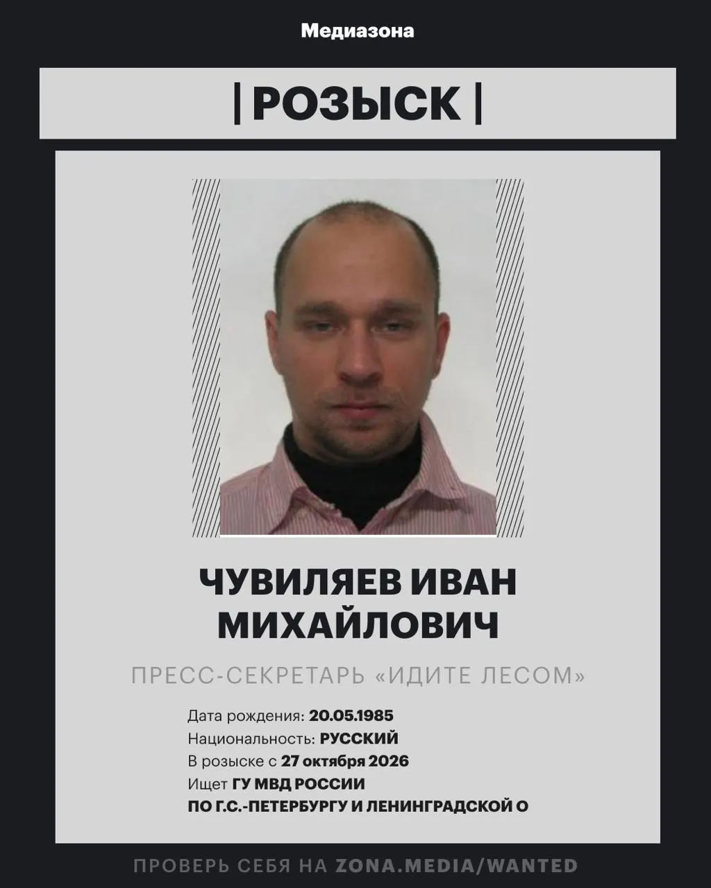 Иван Чувиляев, ранее кинокритик и искусствовед, подозревается в заочном уголовном деле в России по делу об иноагентах. Проект внесён в реестр иноагентов; публикации в Telegram без маркировки статуса проекта могут повлечь дополнительные обвинения.