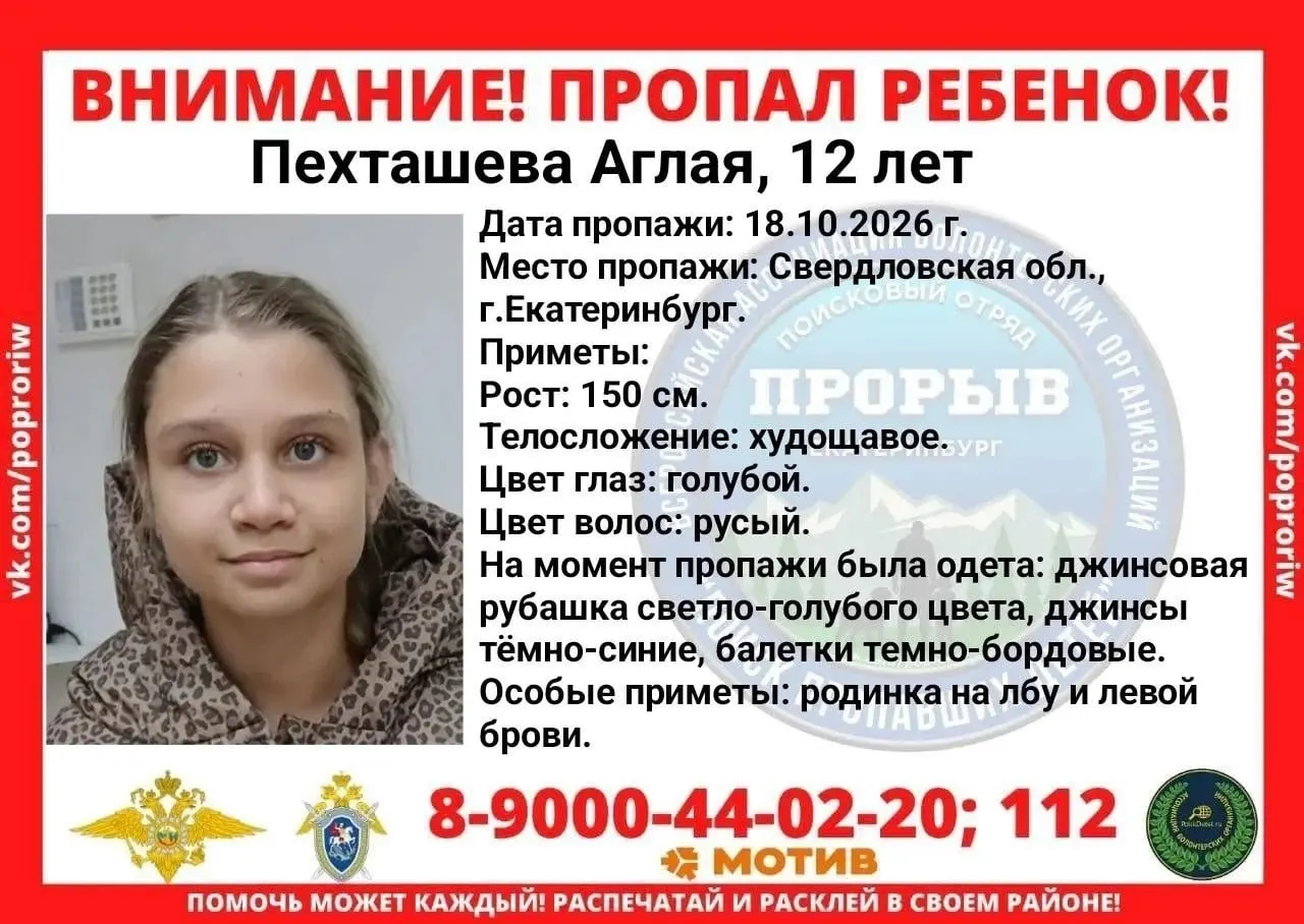 В Екатеринбурге исчезла 12-летняя Аглая после турнира по шахматам в VEER Mall; полиция и поисковые отряды просят помощи очевидцев.